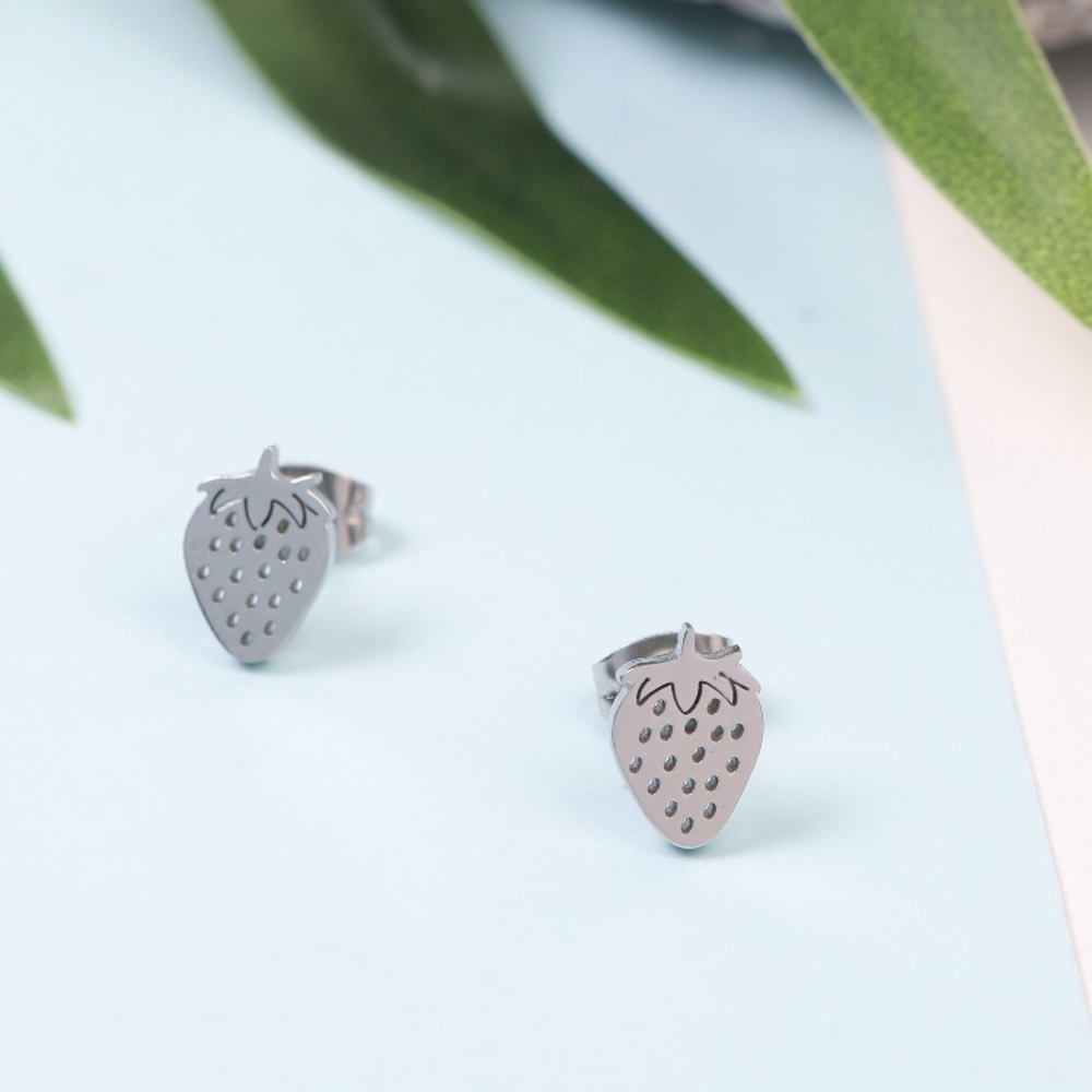 🎉 New Silver Stainless Steel Strawberry Earrings